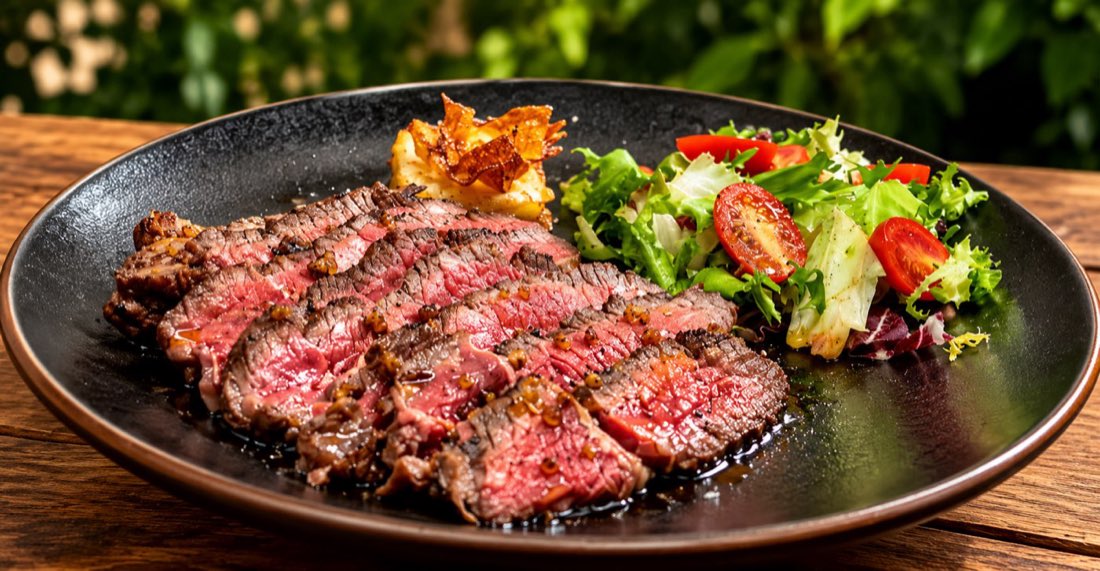 Tagliata Miguel Vergara con millefoglie di patata e misticanza dell'orto